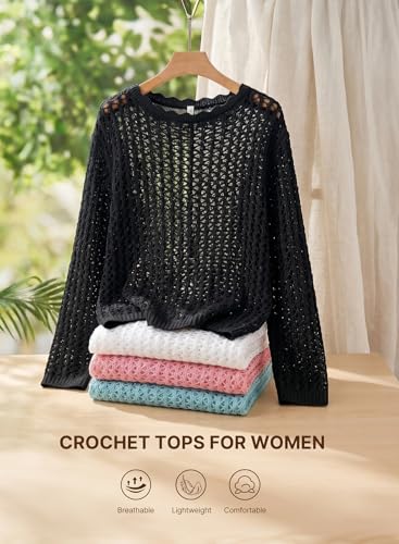 EVALESS Long Sleeve Crochet Top for Women Hollow Out Knit Sweater Small Black