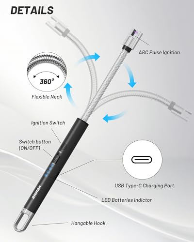 Electric Candle Lighter USB-C Rechargeable Wind-Resistant with Flexible Neck - Black & Black
