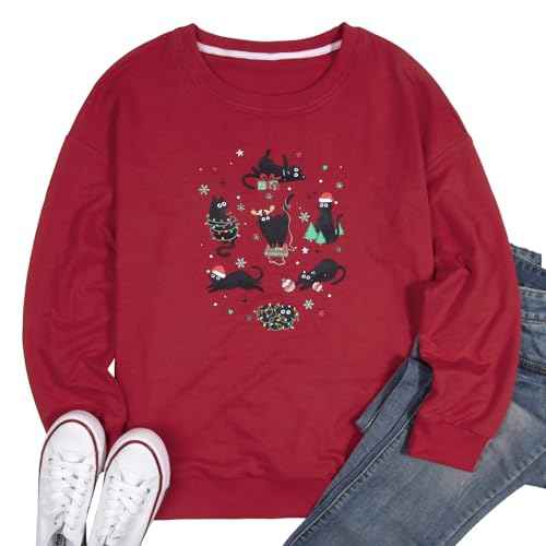 Meowy Christmas Sweatshirt for Women Christmas Cat Pullover Cat Lover Christmas Tops Merry Christmas Lights Sweater