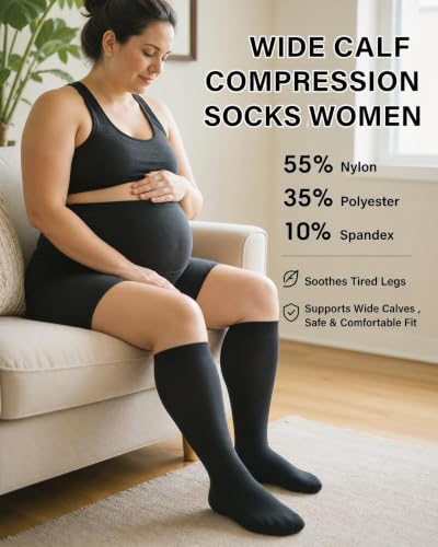 Plus Size Compression Socks for Women & Men Wide Calf 3X-Large Black 15-20 mmHg