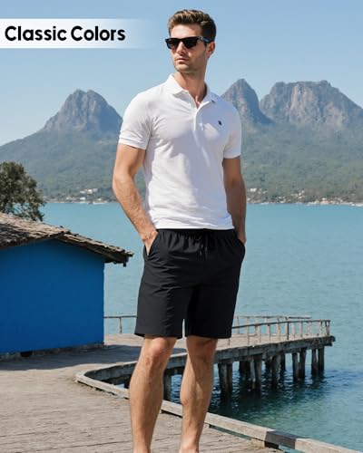 Men's Swim Trunks Large Black 7 Inch Quick-Dry Beach Shorts with Pockets