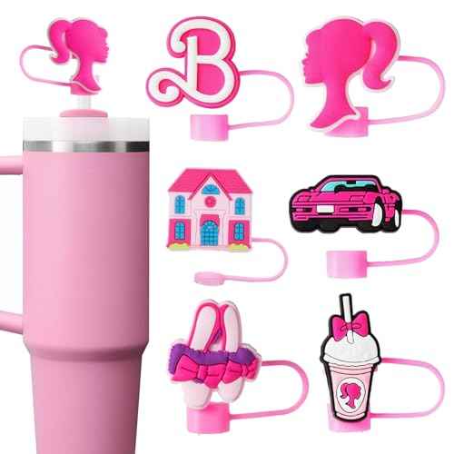 Stanley Straw Cover, 6Pcs Hot Pink Stanley Cup Accessories Straw Toppers Silicone Topper Covers Cap Cute for Simple Modern Tumblers 40oz 30oz & 20oz with Handle