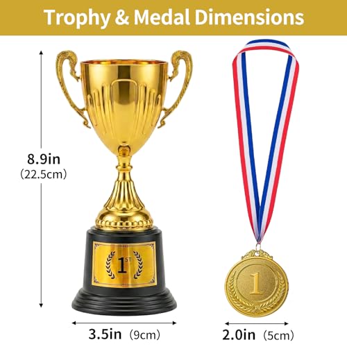 1st Place Trophy and Medal Set - Gold Plastic Trophy with Medal for Sports and School Awards