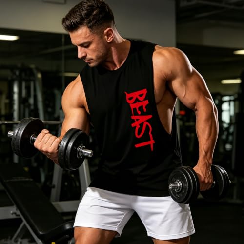 Men's Black Large Tank Top Workout Sleeveless Gym Muscle Tank Shirt - CUIFUTANG