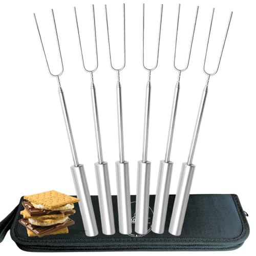 Stainless Steel S'mores Roasting Sticks Set of 6 Telescoping Campfire Skewers
