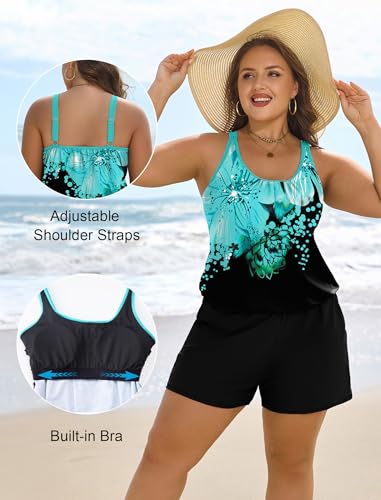 X-Large Plus Size Swim Romper for Women Blue Floral Full Coverage One Piece Bathing Suit with Shorts