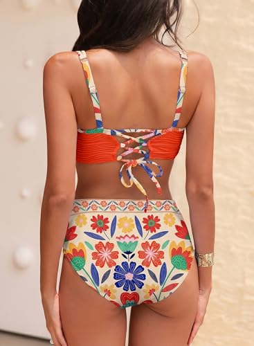 Herseas Women's High Waist Textured Tie Front Bikini Set - Large Orange Floral