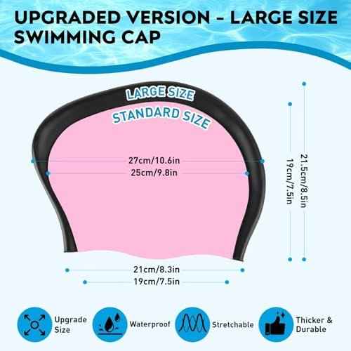 2 Pack Large Swim Caps for Long Hair, Silicone Swimming Cap for Adult Women Men, Waterproof Swim Hats Bathing Caps to Keep Hair Dry with Bonus Nose Clip and Earplugs