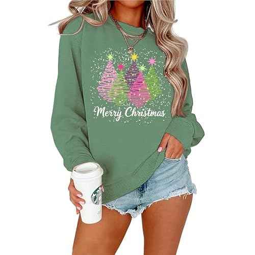 Christmas Sweatshirts for Women Christmas Tree Long Sleeve Shirt Merry Xmas Holiday Sequin Pullover Tops