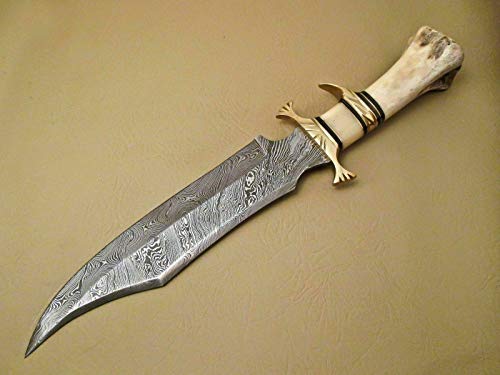 Kidsnado Damascus Steel Hunting Knife 15 Inch Fixed Blade with Camel Bone Handle White