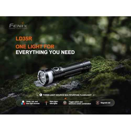 Fenix LD35R 1800 Lumens USB-C Rechargeable Flashlight, with White, Red, and Blue Multi-Color Outputs 360 Degree Illumination and Lumentac Organizer