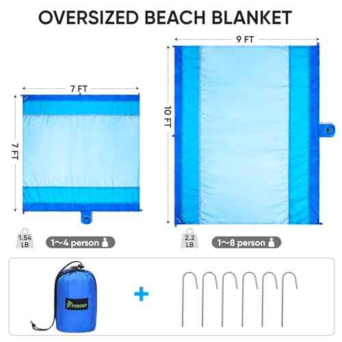 PTEROMY Beach Blanket Waterproof Sandproof, 108" X 120" Extra Large Beach Mat with Storage Bag, Quick Drying Lightweight, 6 Stakes, Accessories for Picnic, Travel (9x10 FT, Blue)