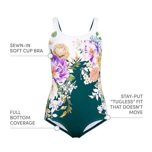 Lands' End Womens Chlorine Resistant Tugless Tank Soft Cup One Piece Swimsuit Deep Balsam Floral Placement Long Torso 4