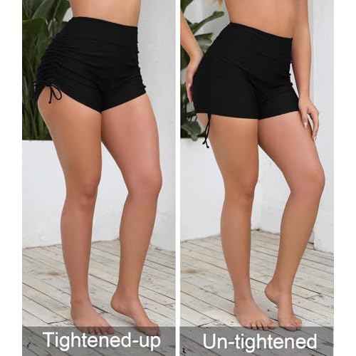 Halcurt Women's High Waisted Swim Board Shorts Tummy Control Side Tie Adjustable Tankini Swimsuit Bottoms