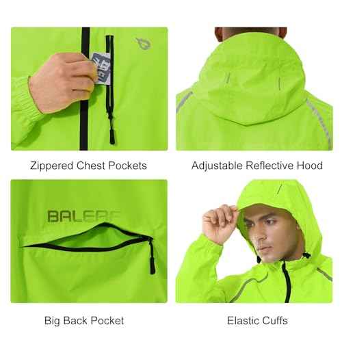 baleaf Men's Rain Jacket Waterproof Windbreaker Raincoat Running Cycling Hiking Gear Hood Lightweight Reflective Packable