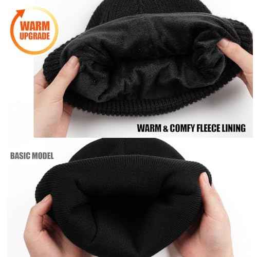 MELASA Winter Fleece Lined LED Beanie, USB Rechargeable Hand Free Warm Hat with Light Built in, Gifts for Men Dad Husband Him