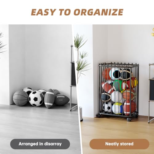 Black Garage Ball Storage Rack - Holds 20-25 Sports Balls, 22"L x 13.3"W x 45.6"H, Heavy Duty Metal Organizer
