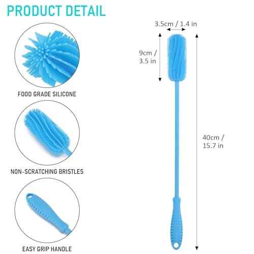 15.7" Silicone Bottle Brush, ddLUCK Water Bottle Cleaner Brush for Stanley, Hydroflasks, Glass, Thermos Sports Bottle, Vase and Glassware, Bottle Brush Cleaner for Small Narrow Neck Containers (Blue)