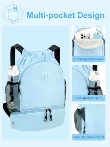Large Water-Resistant Drawstring Backpack with Shoe & Wet Pocket - Blue