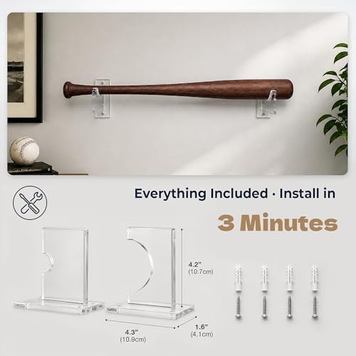 Clear Acrylic Baseball Bat Display Rack Wall Mount for 28-34 Inch Bats