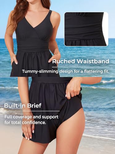 Women’s Black Swim Romper with Tummy Control V-Neck & Shorts - Large