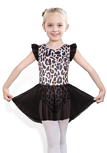 Girls Ruffle Sleeve Tutu Leotard Dress for Dance Ballet & Gymnastics - 5-6 Years Leopard-Black