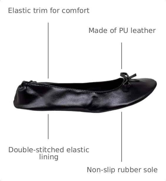 Untssiw Black Medium Foldable Ballet Flats with Pouch - Travel Roll Up Shoes