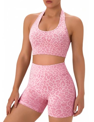 OLCHEE Womens Workout Sets 2 Piece Leopard Pink Halter Sports Bra Scrunch Butt Shorts - Medium