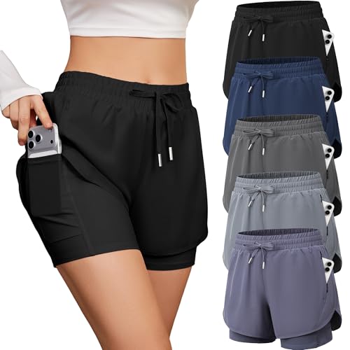 Women's 2-in-1 High Waisted Running Shorts - Medium / Black, Navy, Grey