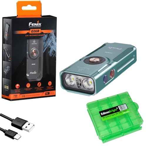 Fenix E06R 700 Lumen USB Rechargeable LED Keychain Flashlight/UV/Blacklight with EdisonBright Accessory case Bundle (Turquoise)