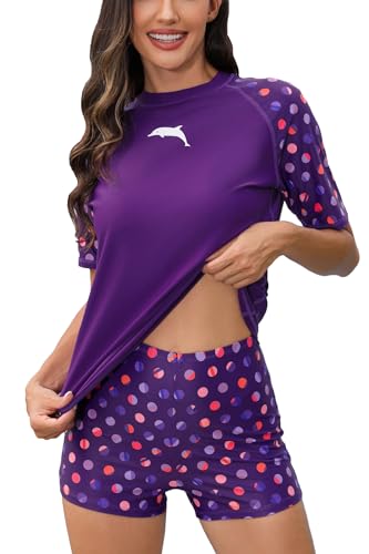 Women Short Sleeve Rash Guard Swim Shirt with Board Shorts Set
