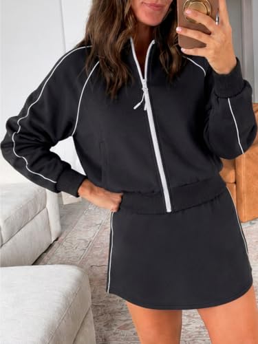 Women's 2-Piece Skirt Set with Zip-Up Cropped Jacket - Medium Black
