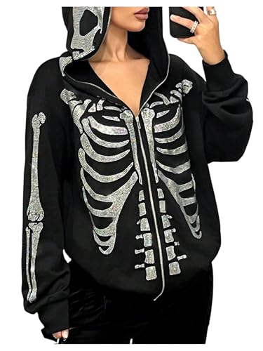 Large Black Skeleton Graphic Hoodie for Women Y2K Gothic Zip Up Sweatshirt