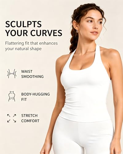Women's Impact Halter Tank Top with Built-in Bra Backless Workout Shirt - Medium White