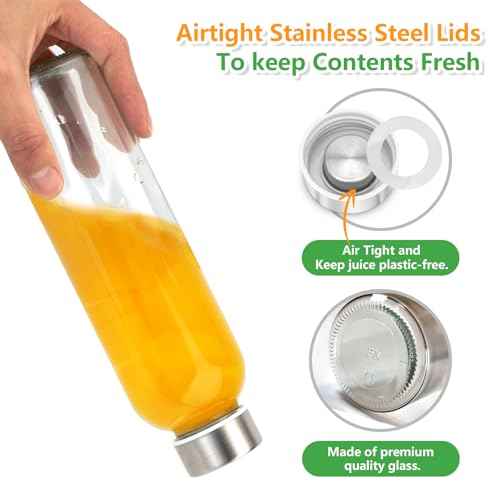 Zukro Glass Juice Bottles with Lids for Juicing 18 oz, Reusable Clear Glass Water Bottles with Stainless Steel Airtight Cap for Refrigerator, 100% Leak Proof Drinking Jar, BPA Free, Set of 6