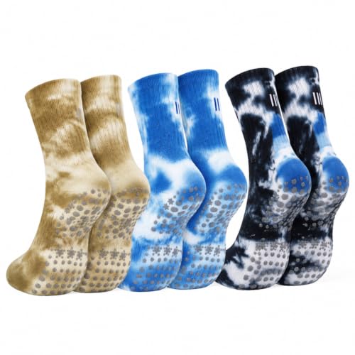 Pilates Grip Socks Women Non Slip Crew Socks - Elegant Color, 3 Pairs