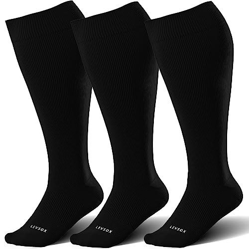LEVSOX Wide Calf Compression Socks for Women & Men 15-20mmHg Large Support Stockings - 4X-Large / 3 Pair Black