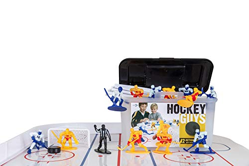 Kids Hockey Action Figures Set - Blue and Yellow Teams, 27 Pieces with Accessories & Storage Case