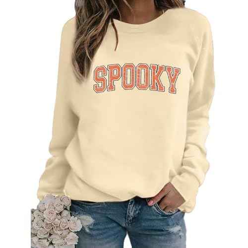 Halloween Spooky Sweatshirts Women Classic Spooky Letter Print Long Sleeve Shirt Halloween Crewneck Pullover Blouse