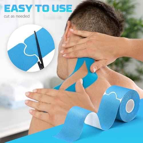 80 Strips Kinesiology Tape, 4 Rolls Precut Athletic Tape Elastic Waterproof Sports Tape 2 Inch x 16 Feet Body Tape with Scissors for Joint Support Muscle (Beige, Black, Blue, Pink)