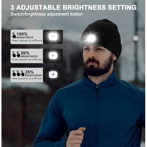 Wmcaps Unisex Hat with Light, USB Rechargeable LED Beanie, Winter Warm Knitted Headlamp Hat Gifts for Men Him Dad Husband