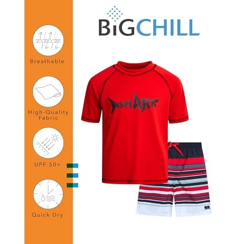 Big Chill Boys Rash Guard Set - 2 Piece UPF 50+ Quick Dry Sun Protection Swim Shirt and Swimming Trunks (Sizes: 4-14)