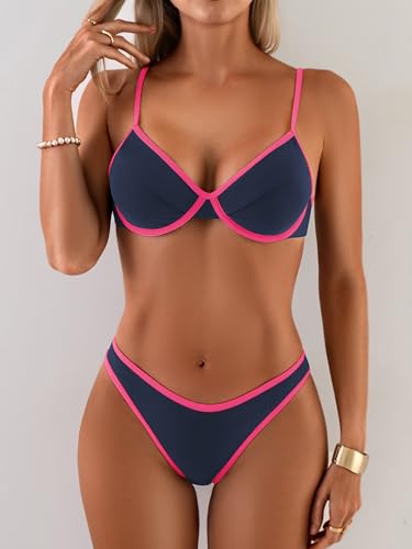 Women's Push Up Bikini Set - Large Blue & Rose Pink Two-Piece Swimsuit with Underwire & Contrast Binding