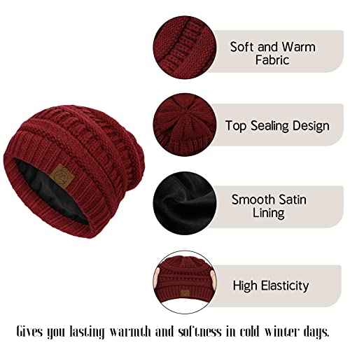 Beanies Women Satin Lined Beanie Winter Hats for Women Silk Lined Slouchy Beanie for Winter Warm Knit Cuffed Beanie Hat