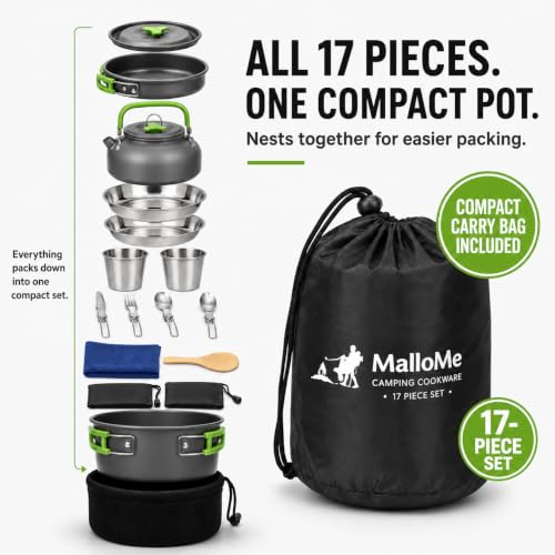 17-Piece Camping Cookware Set - 1.7L Pot, Frying Pan, Kettles, Cups & Utensils - Green