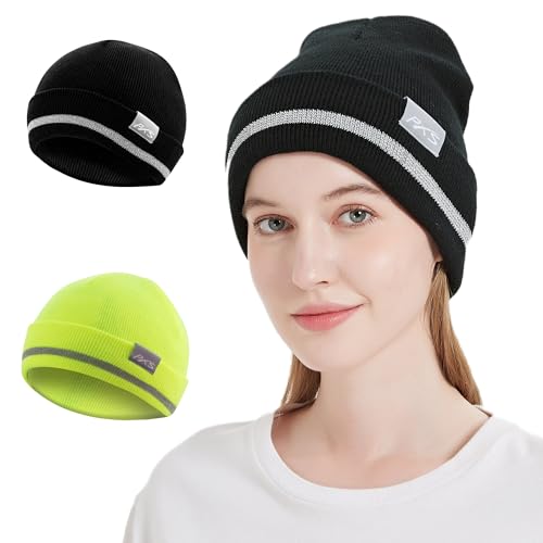 Reflective Safety Beanie Hat for Men & Women - Green + Black, One Size