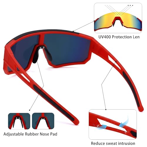 Sports Sunglasses for Men Women Running Baseball Cycling UV400 Red Mirror 75mm
