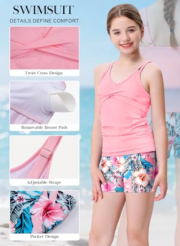 Pink Floral Tween Girls Tankini Swimsuit 2 Piece Bathing Suit with Chest Pad - Size 10