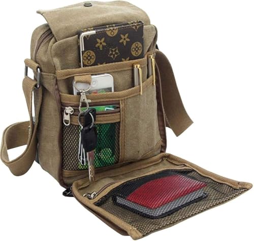 Canvas Small Messenger Bag for Men Women with Accessories Case - Khaki & Purple 2 Pack