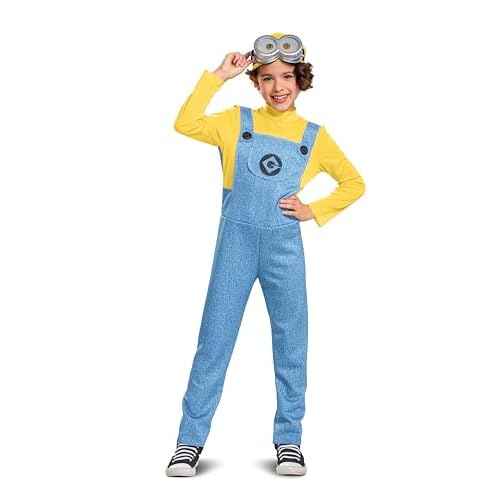 Bob Minions Costume for Kids, Official Minion Jumpsuit Outfit with Goggles and Hat, Classic Size Small (4-6)